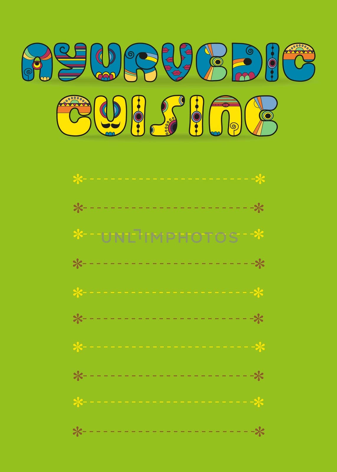 Ayurvedic Cuisine. Menu Card. Blue and Yellow Text by Artstic font. Place for custom text. Green Background