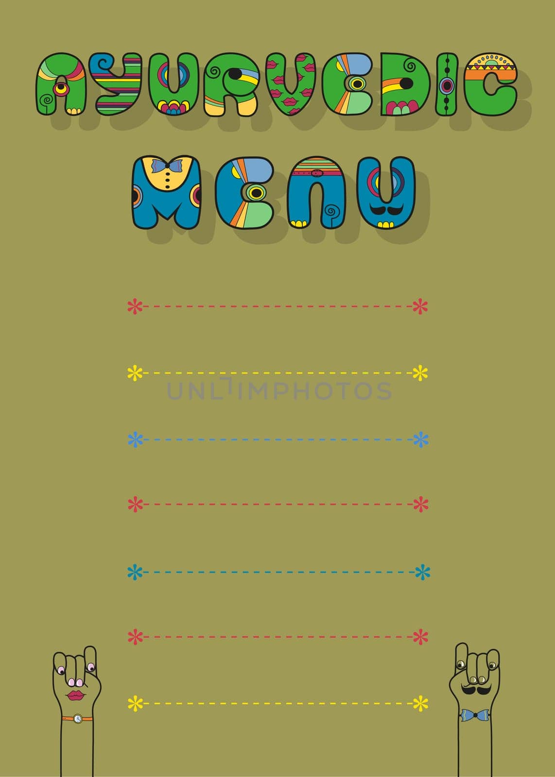 Ayurvedic Menu Card. Blue and Green Text by Artstic font. Place for custom text. Gray Background. Male and Female cartoon hands looking at each other