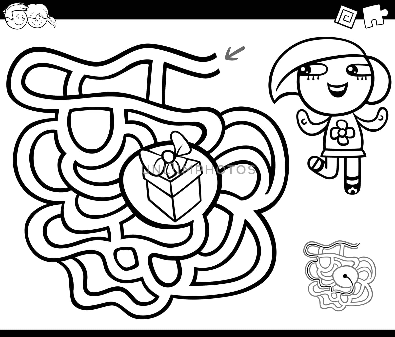 Black and White Cartoon Illustration of Education Maze or Labyrinth Game for Children with Little Girl and Gift Coloring Page