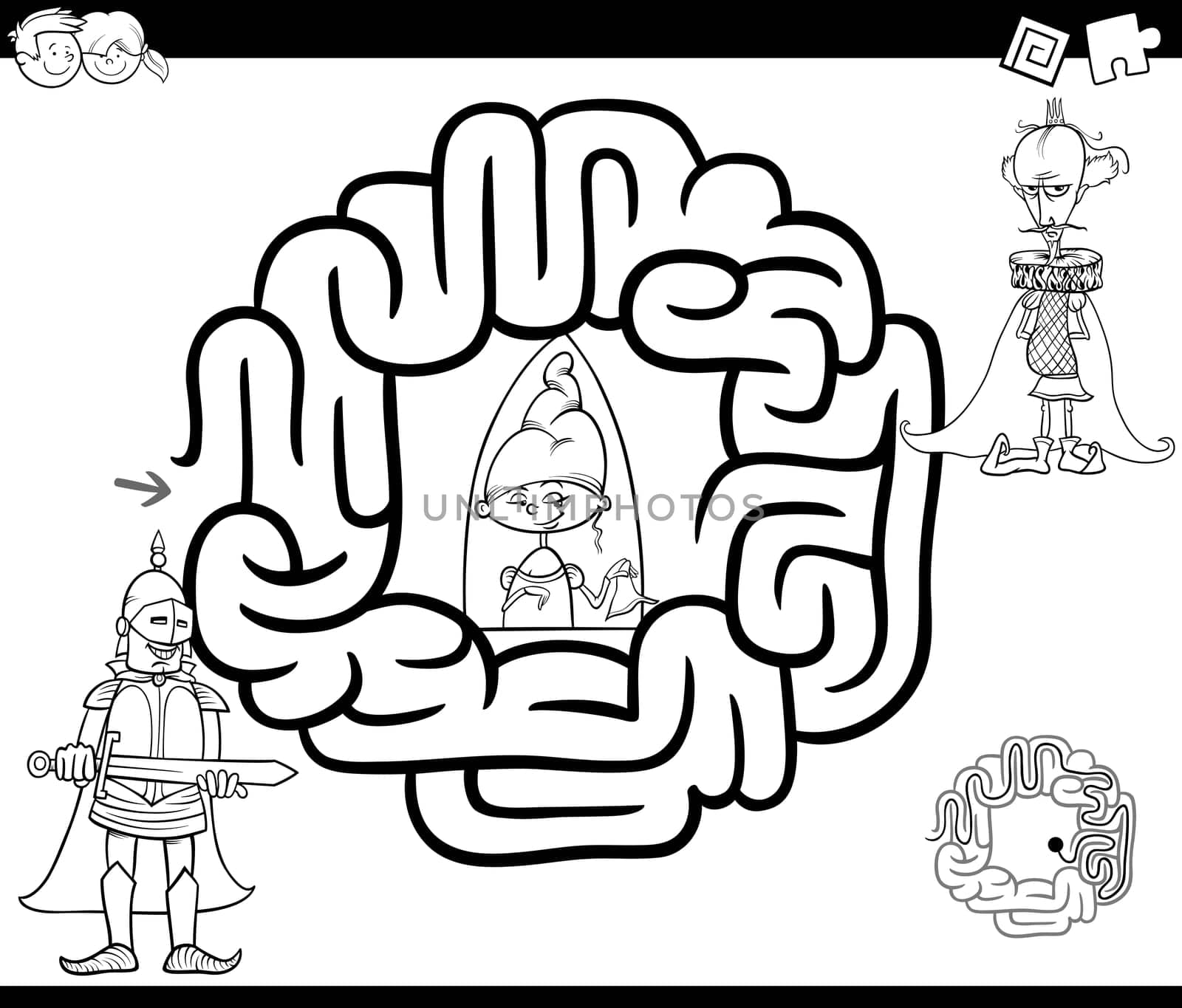 Black and White Cartoon Illustration of Education Maze or Labyrinth Game for Children with Knight and Princess Coloring Page