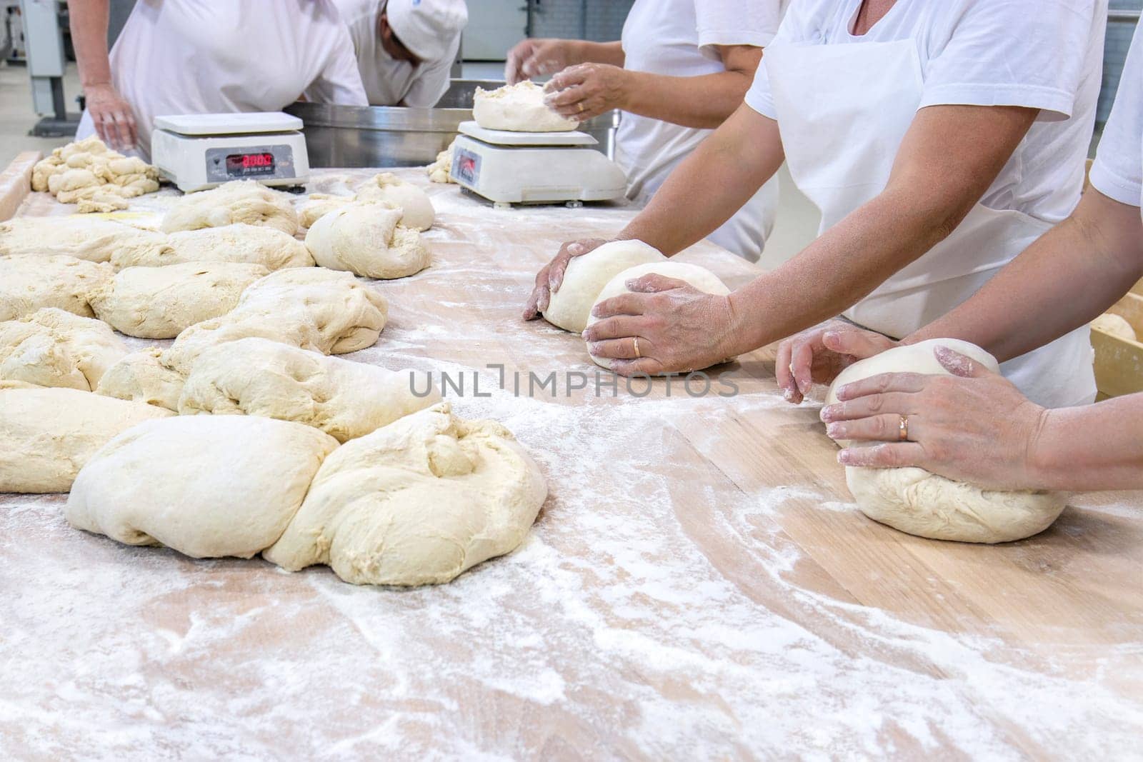 Bakery teamwork preparing weigh and dough for baking