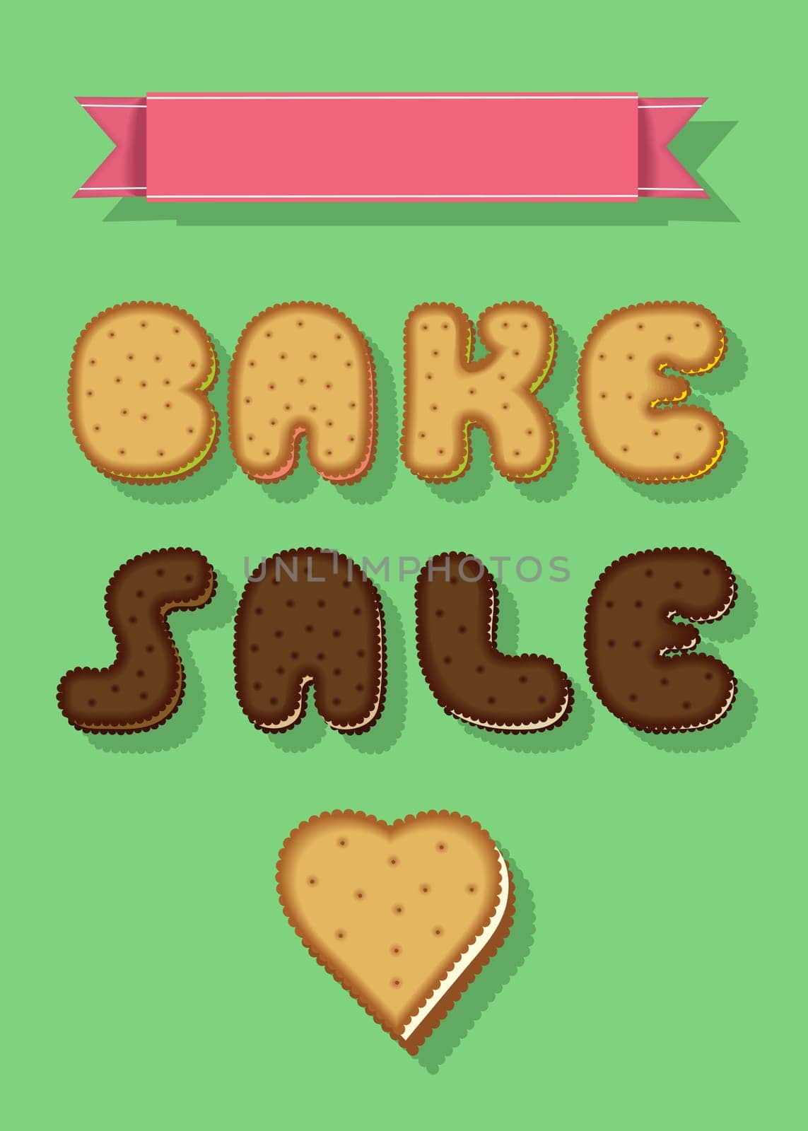 Bake Sale. Text by Sweet Cookies Font. Yellow and Brown Letters and Heart. Pink banner for custom text.