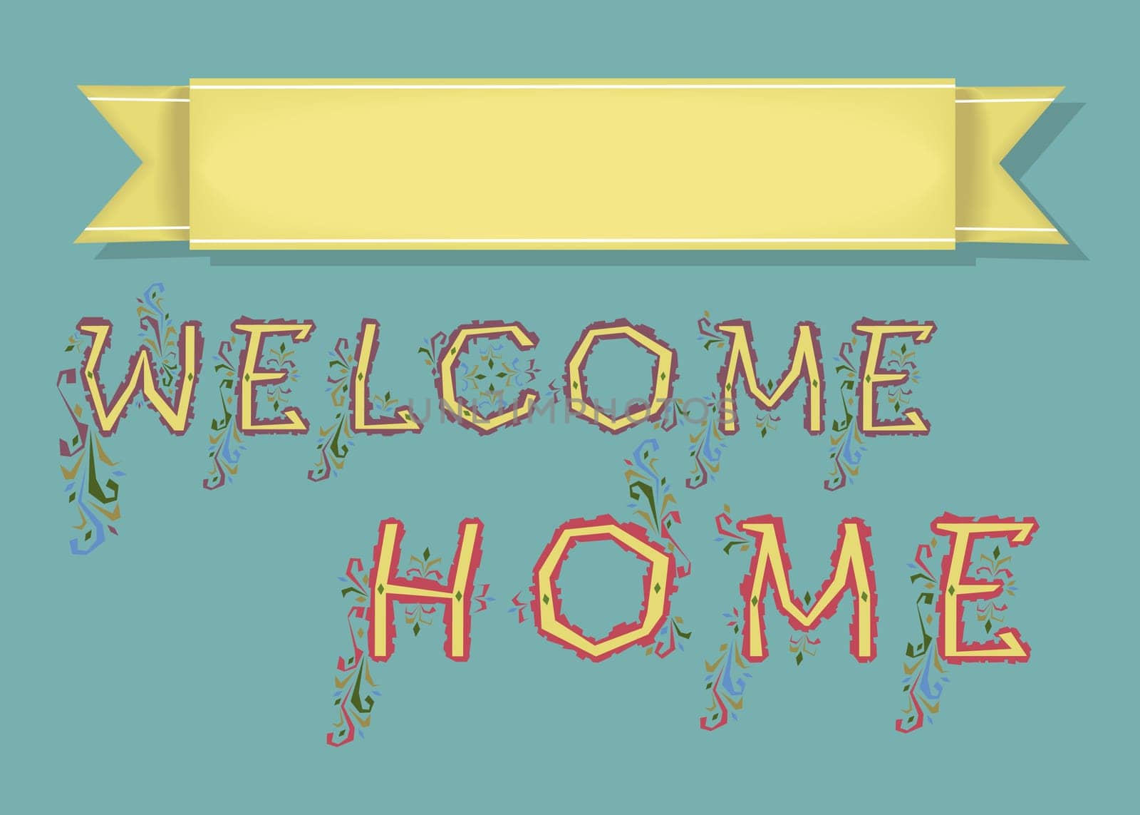 Welcome. Blue Card with Yellow Banner for custom text. Yellow Letters with floral decor