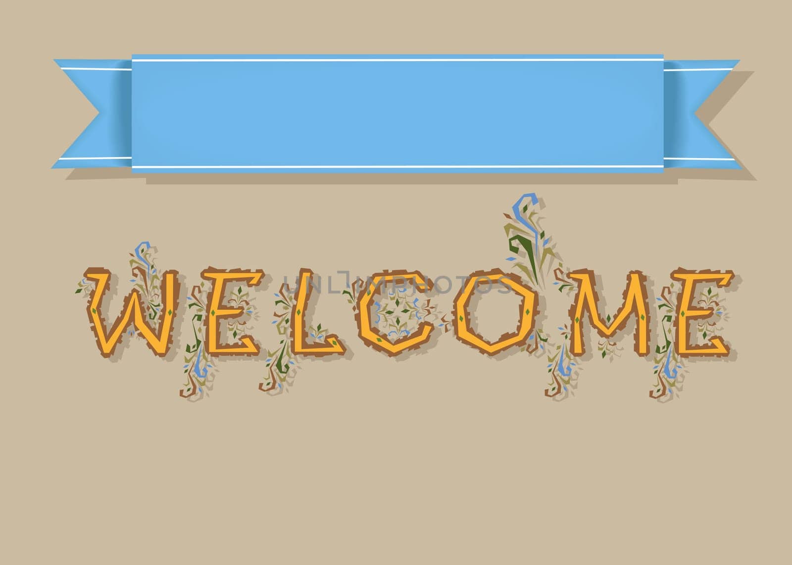 Welcome. Vintage Card with Blue Banner for custom text. Yellow artistic letters with folk decor