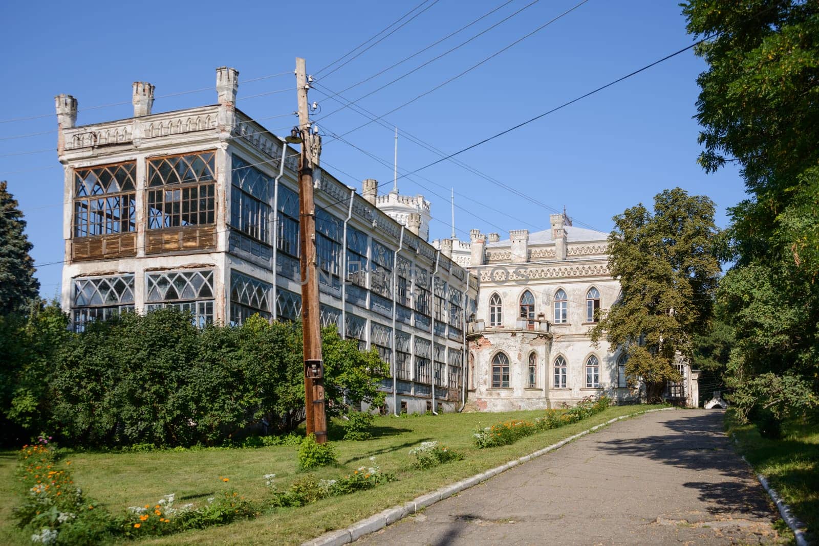 Old and very ruined buildings outside Kharkiv, in an Ukrainian forest