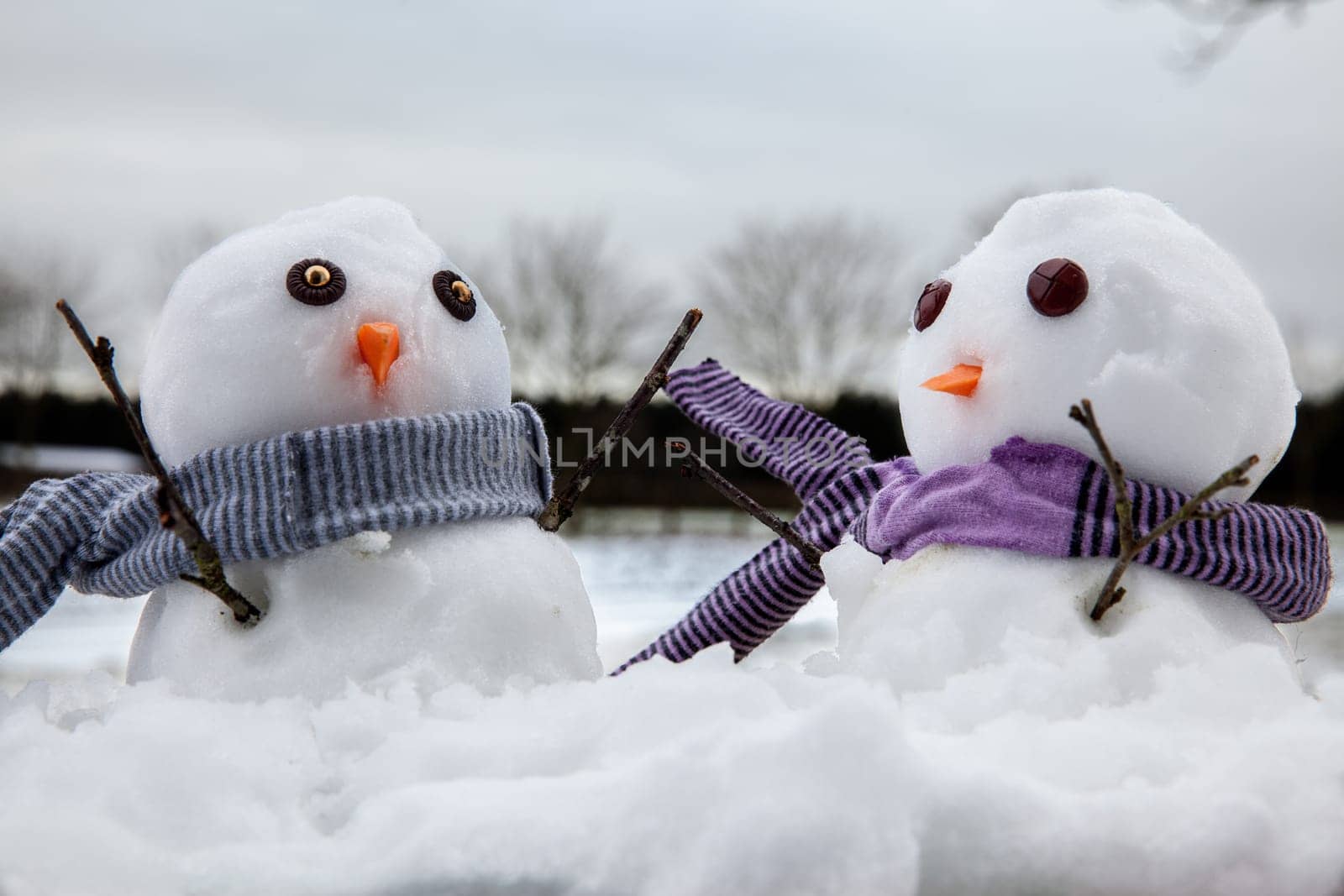 Two cute snowmen wearing scarfs and their twig arms raised in the air. Snow fall all around