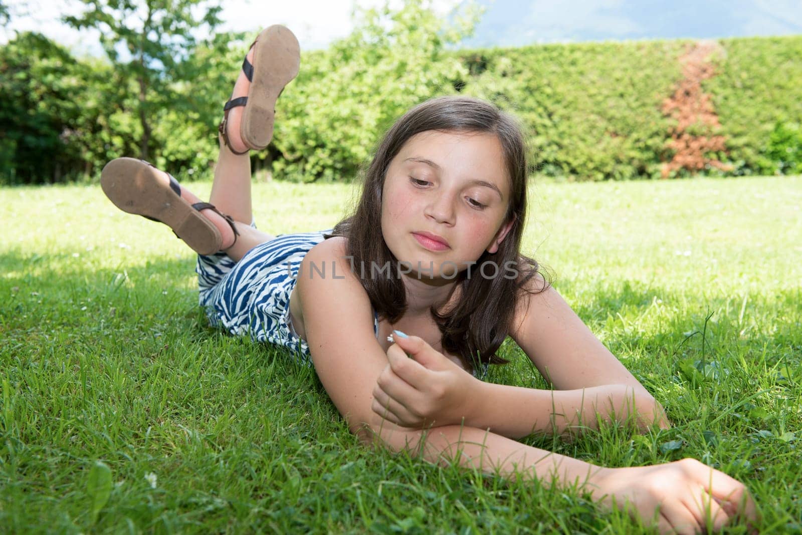 a beautiful pre teenage girl laying in grass
