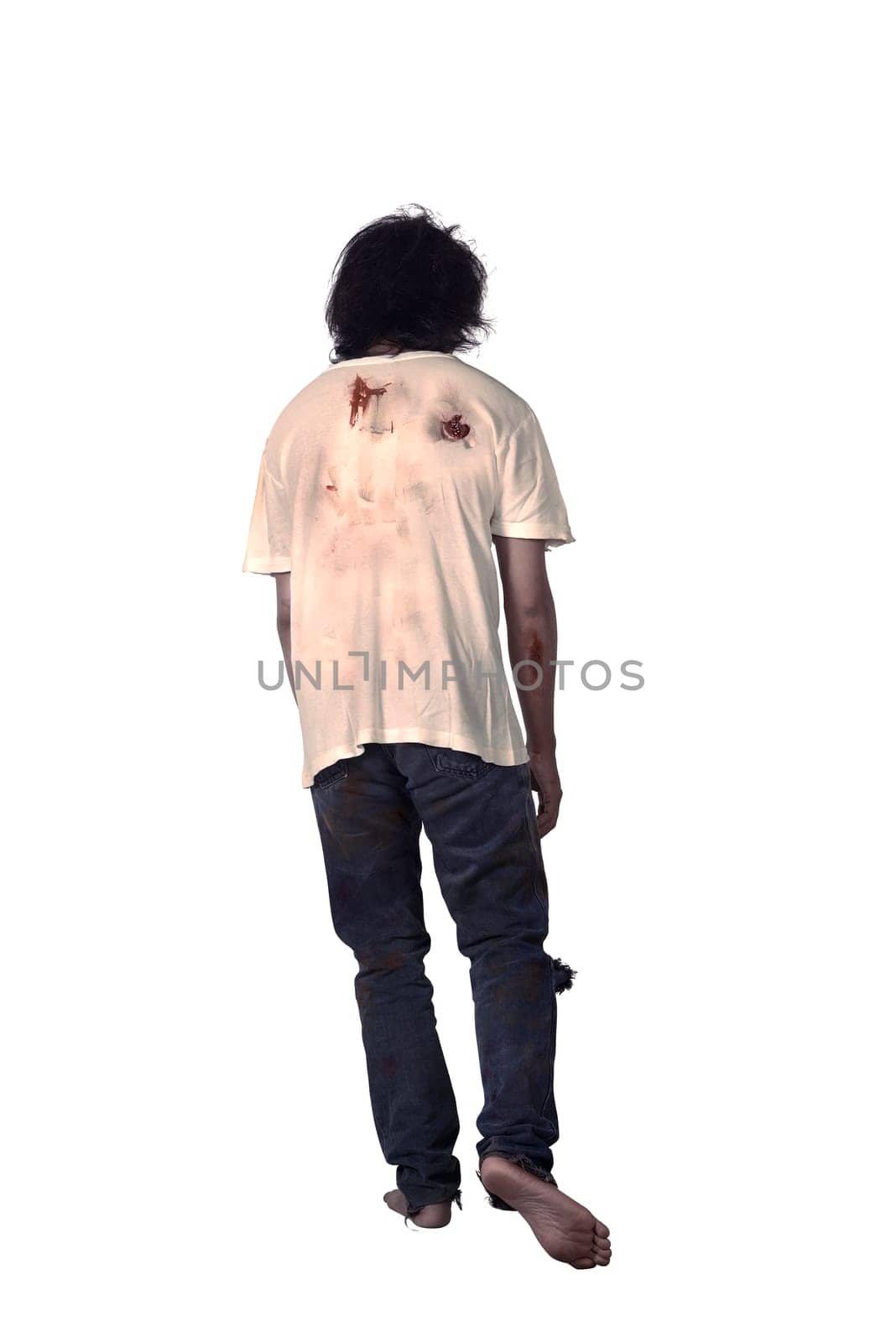 Back view of male zombie isolated over white background