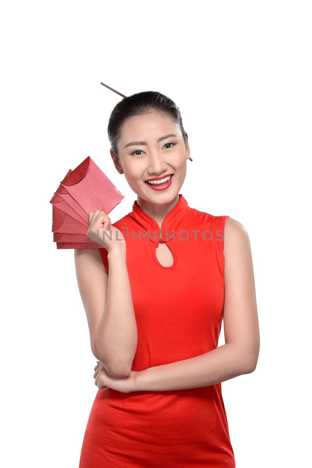 Chinese woman in red cheongsam dress. Happy chinese new year concept