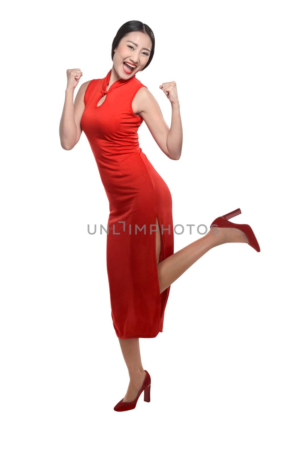Chinese girl in cheongsam dress. Happy chinese new year concept