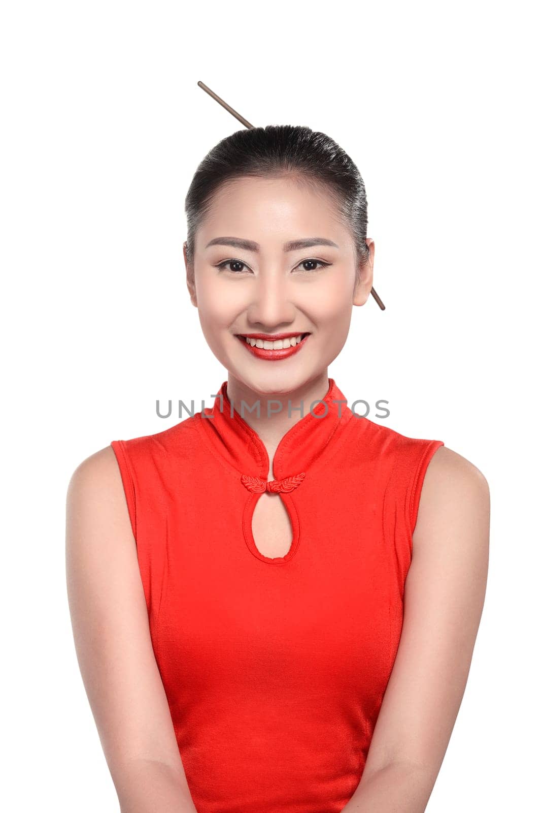 Chinese woman in red cheongsam dress. Happy chinese new year concept