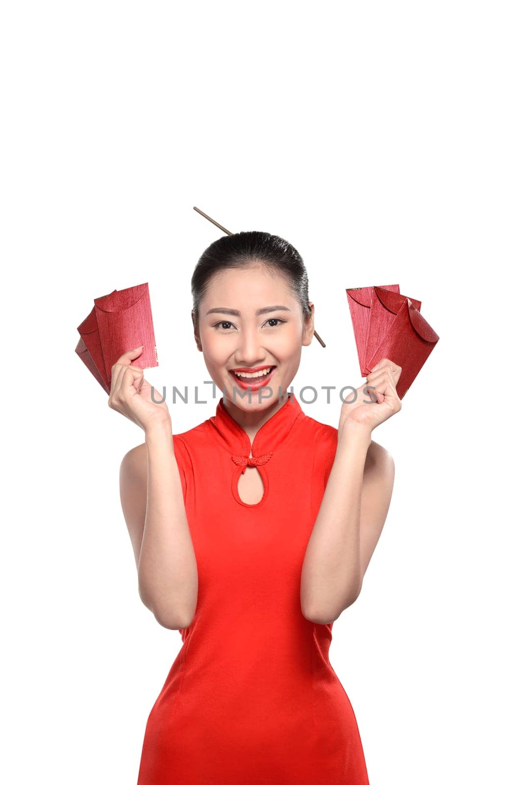Chinese woman in red cheongsam dress. Happy chinese new year concept