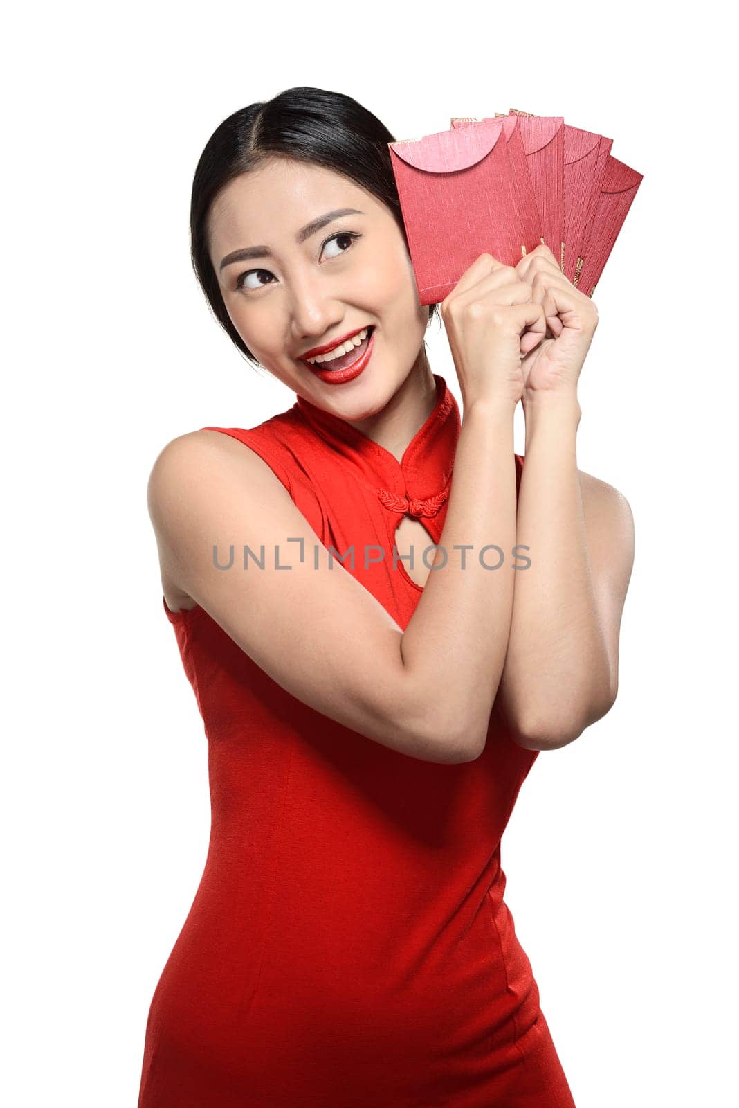 Asian woman in cheongsam dress isolated over white background. Happy chinese new year concept