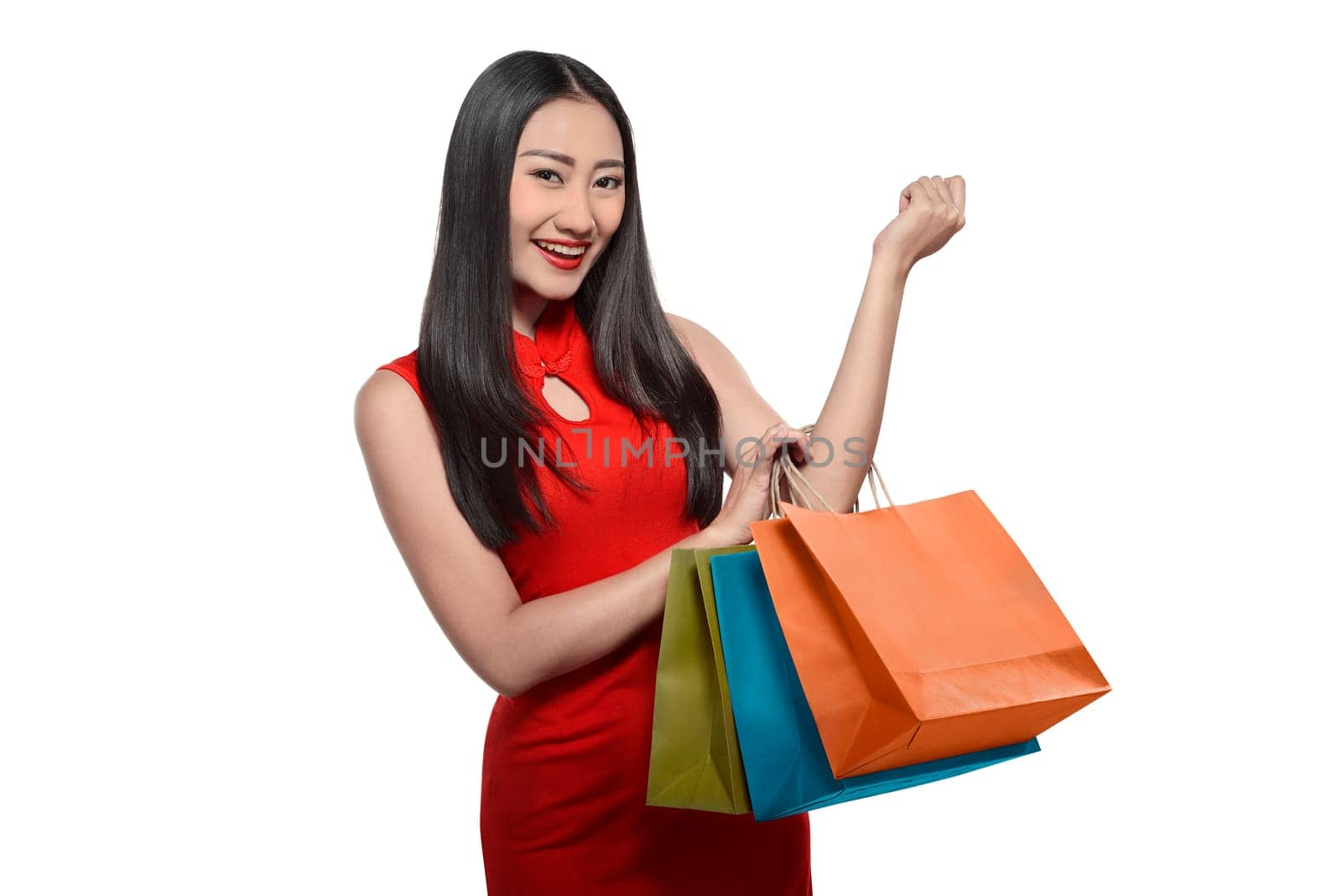 Chinese woman holding shopping bag. Happy chinese new year concept