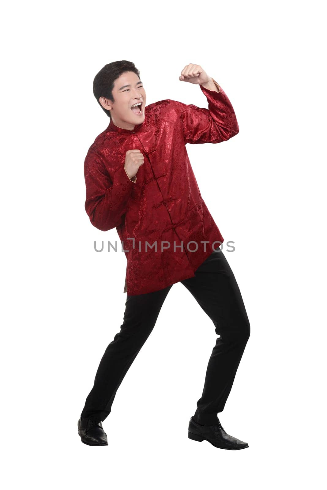 Full body of chinese man in cheongsam suit. Chinese new year concept