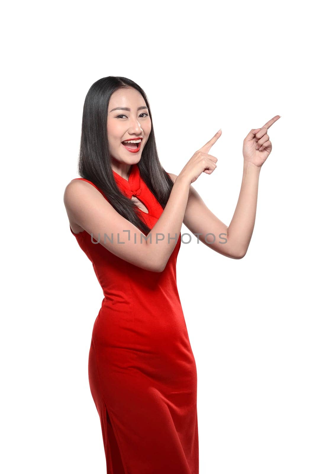 Chinese girl in cheongsam dress. Happy chinese new year concept
