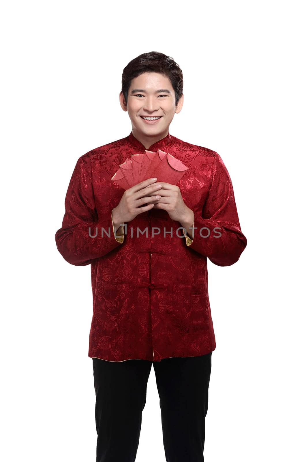 Chinese man in cheongsam suit holding angpao. Chinese new year concept