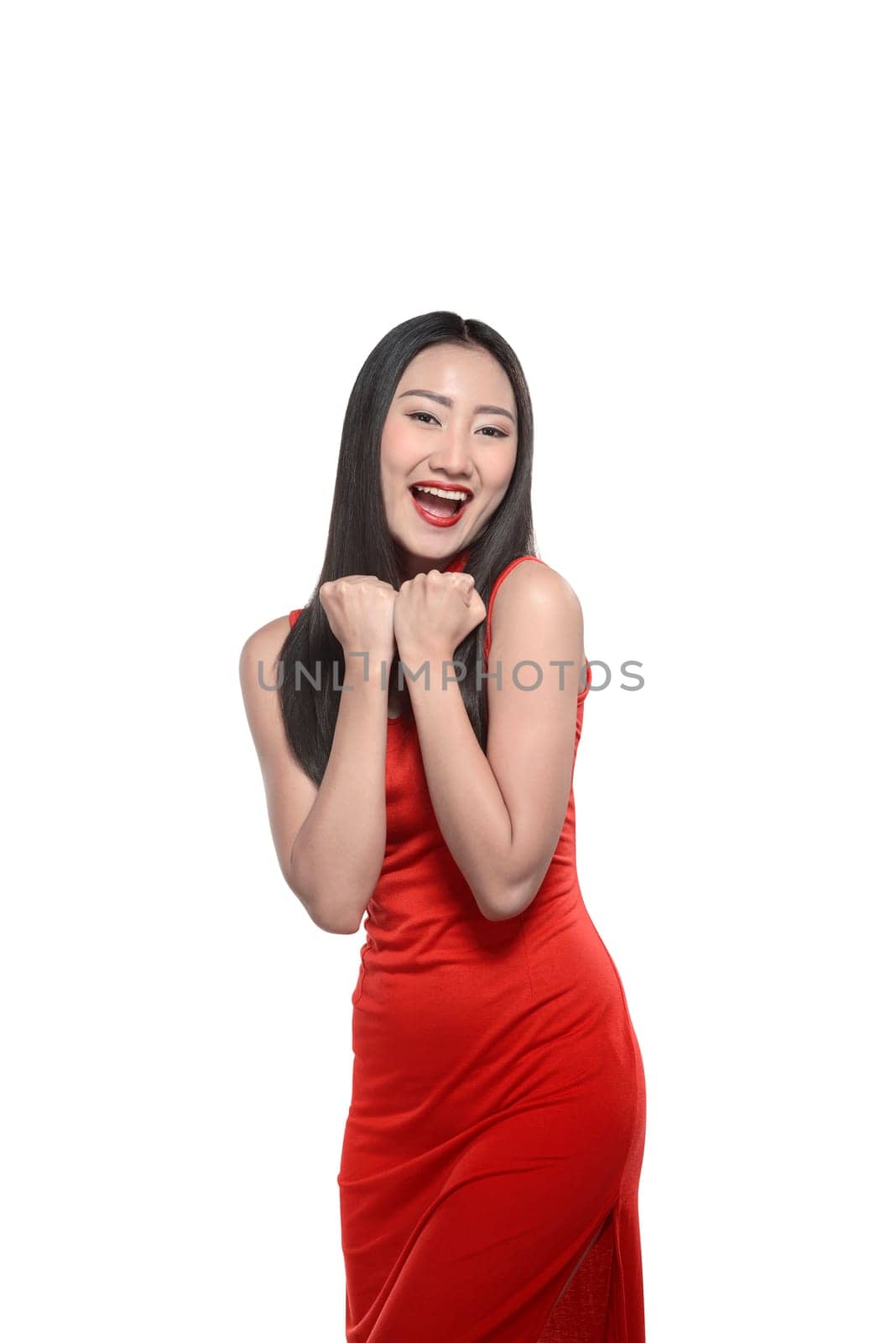 Chinese woman in red cheongsam dress. Happy chinese new year concept