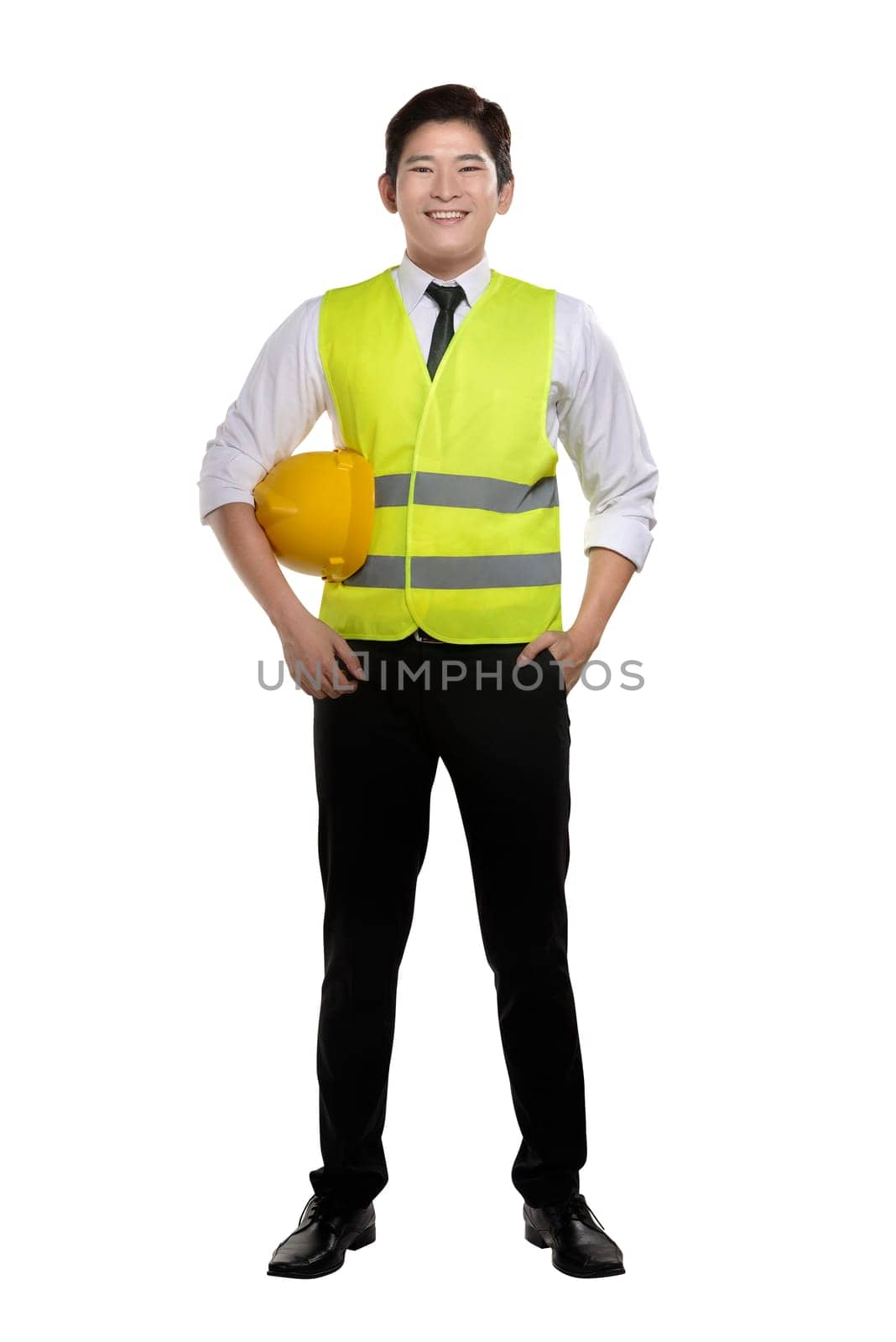 Asian worker wearing safety vest and yellow helmet isolated over white background