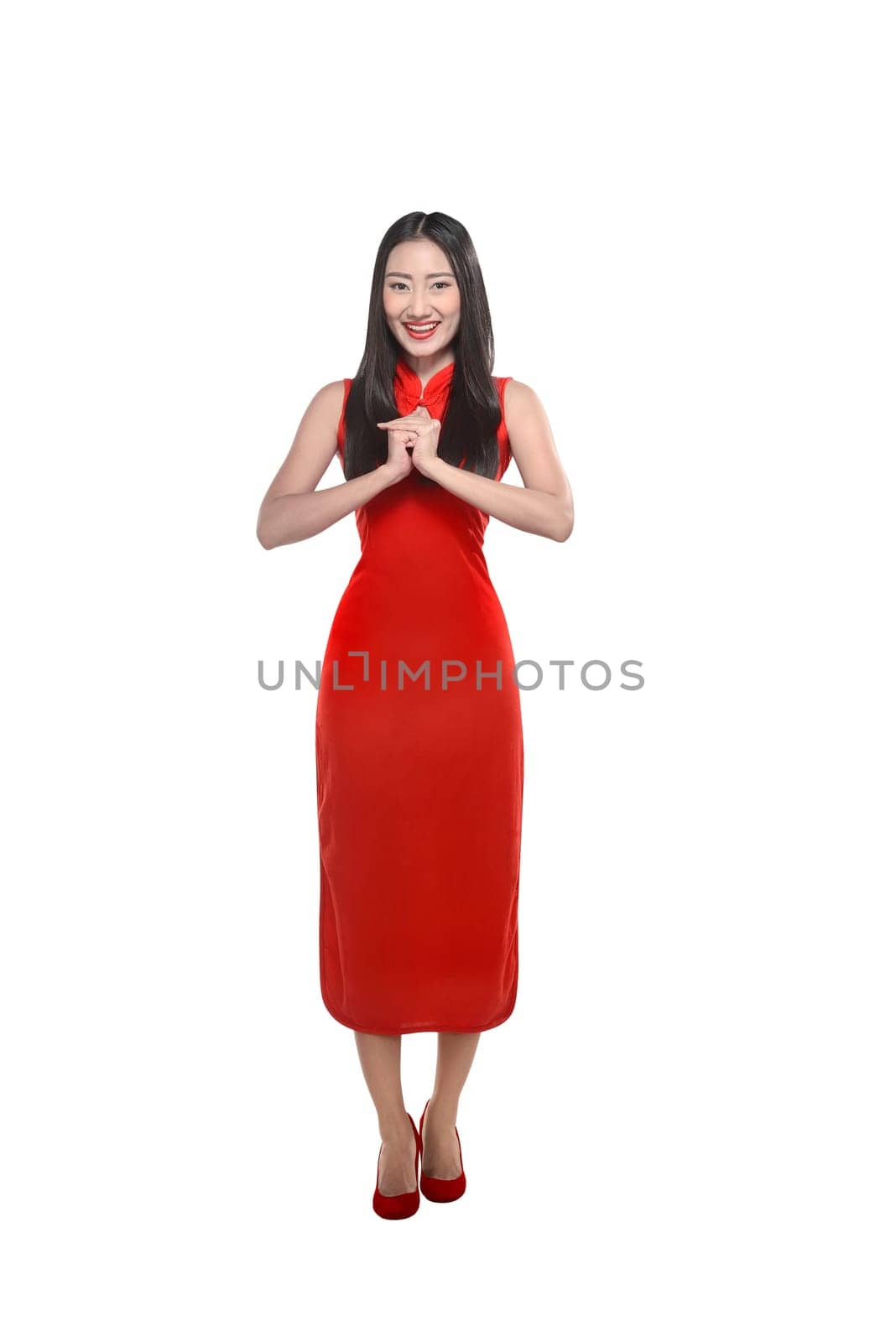 Chinese girl in cheongsam dress. Happy chinese new year concept
