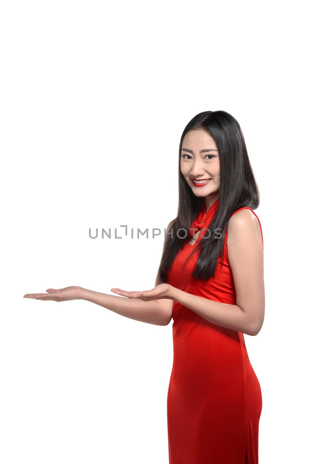 Chinese woman in red cheongsam dress. Happy chinese new year concept