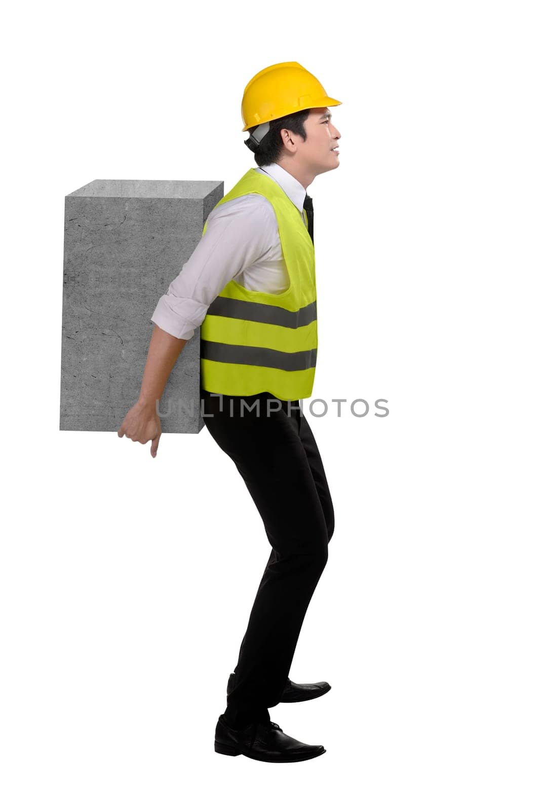 Asian business man lift heavy box isolated over white background