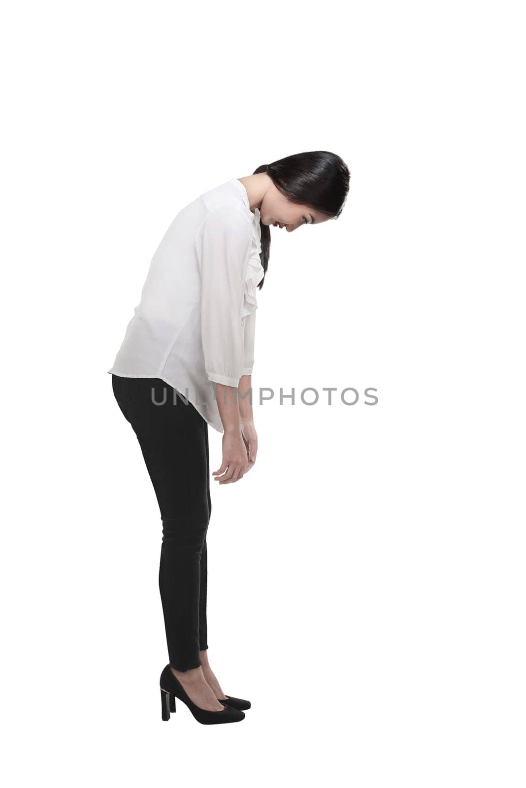 Sluggish business woman look down isolated over white background