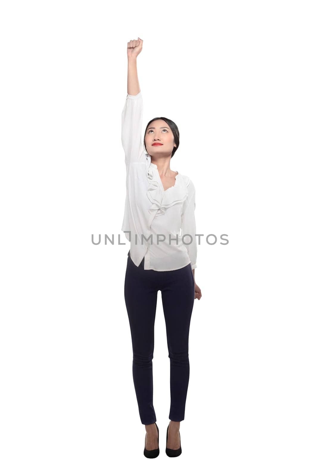 Asian business woman flying isolated over white background