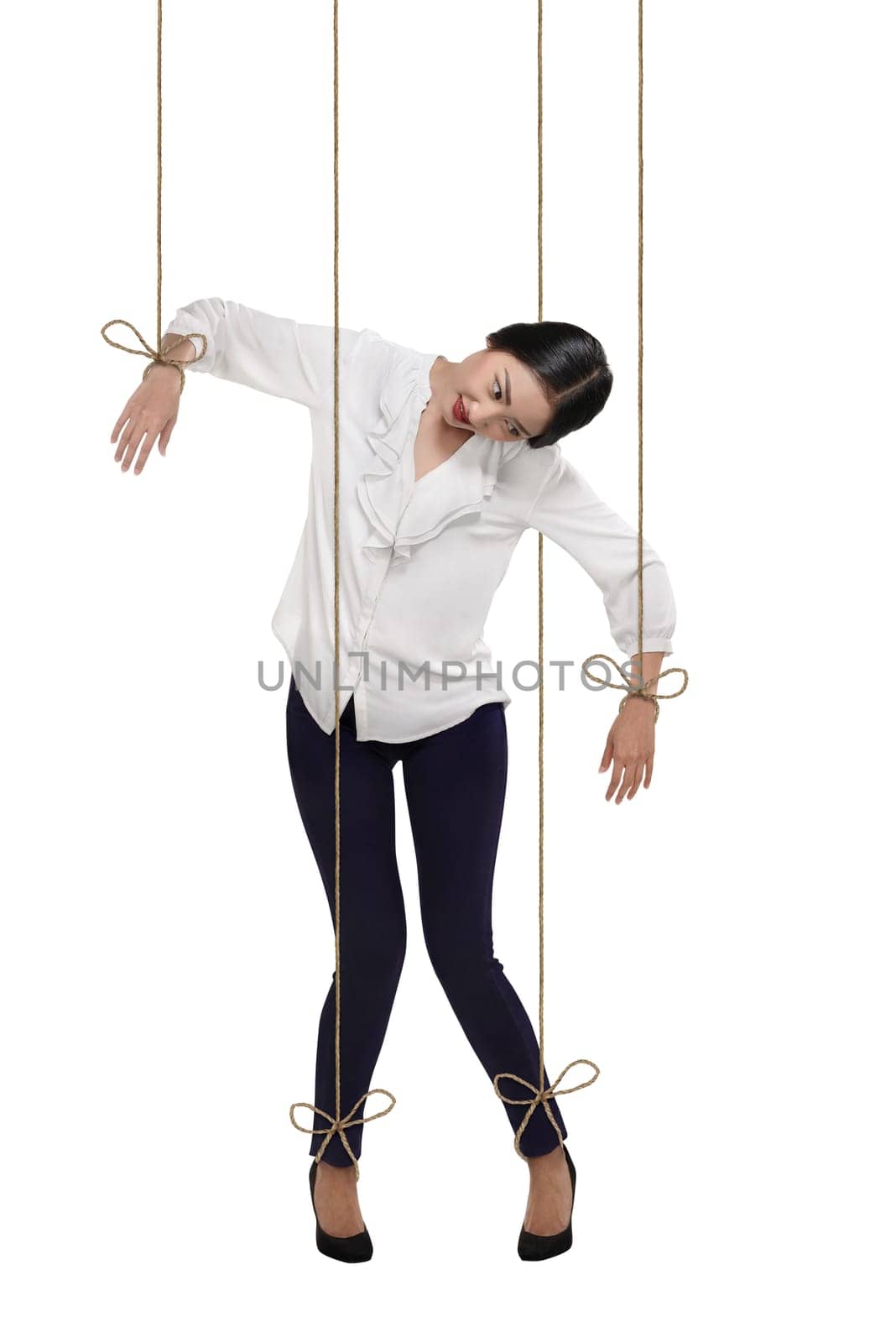 Asian business woman have string attached to her body. Marionette doll concept