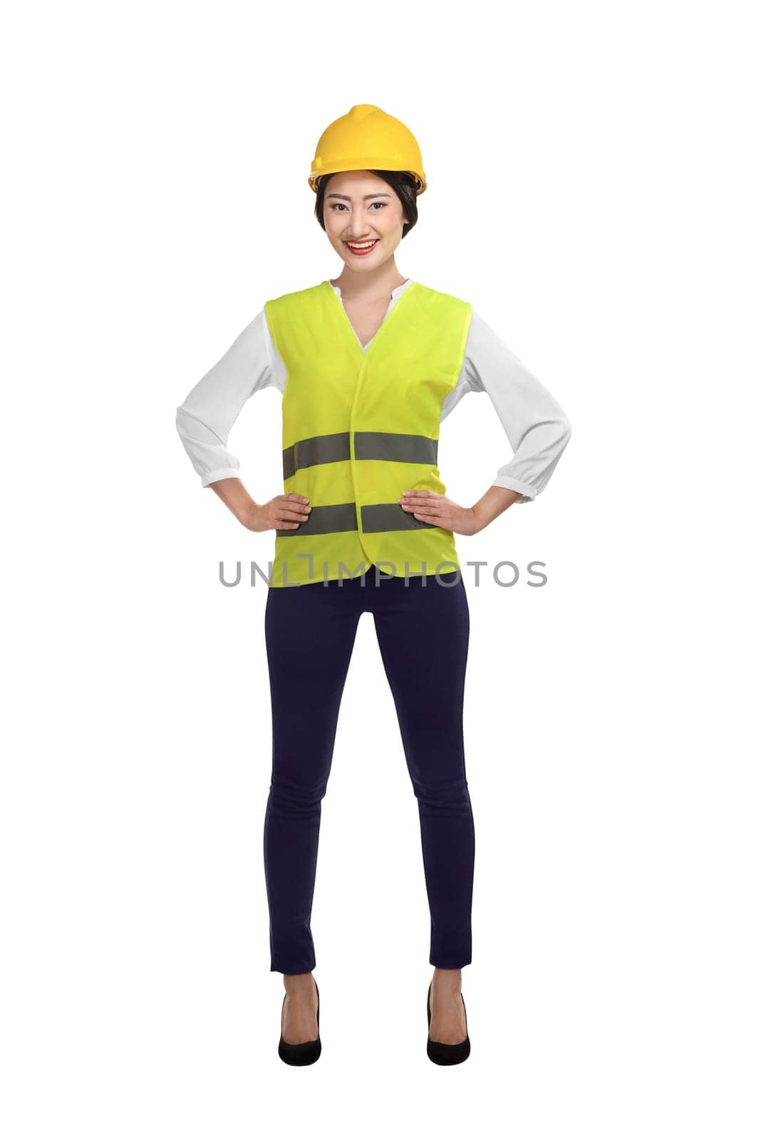 Asian woman wear had hat and safety vest isolated over white background