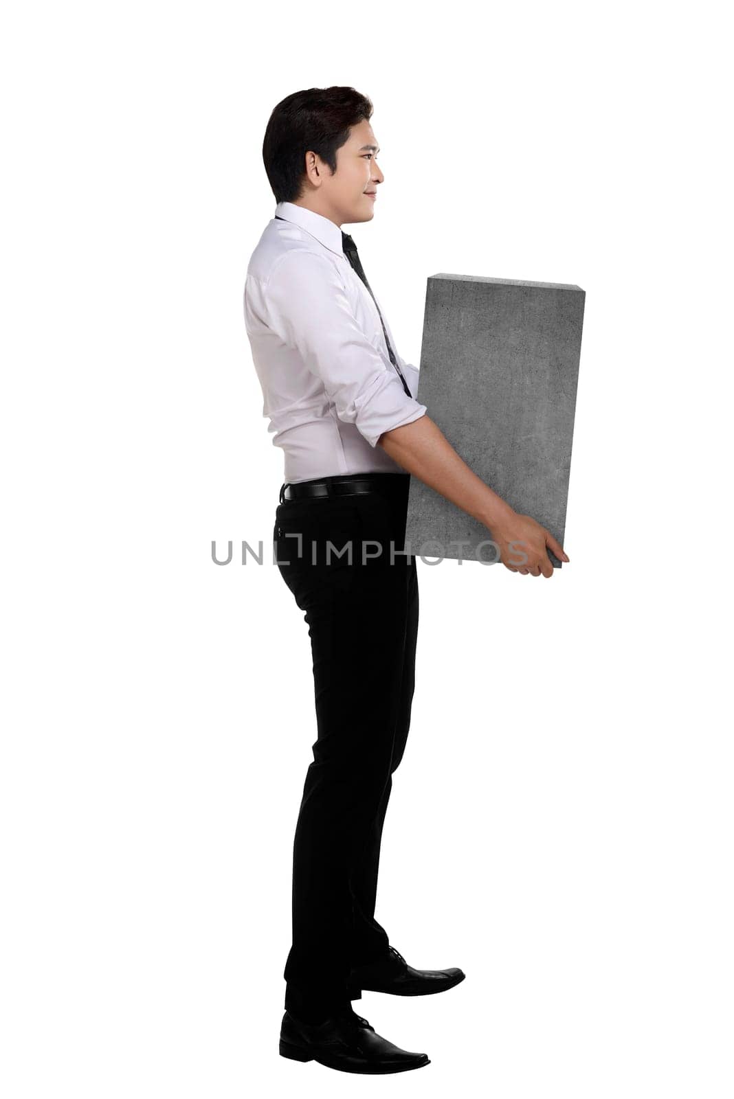 Asian business man lift heavy box isolated over white background
