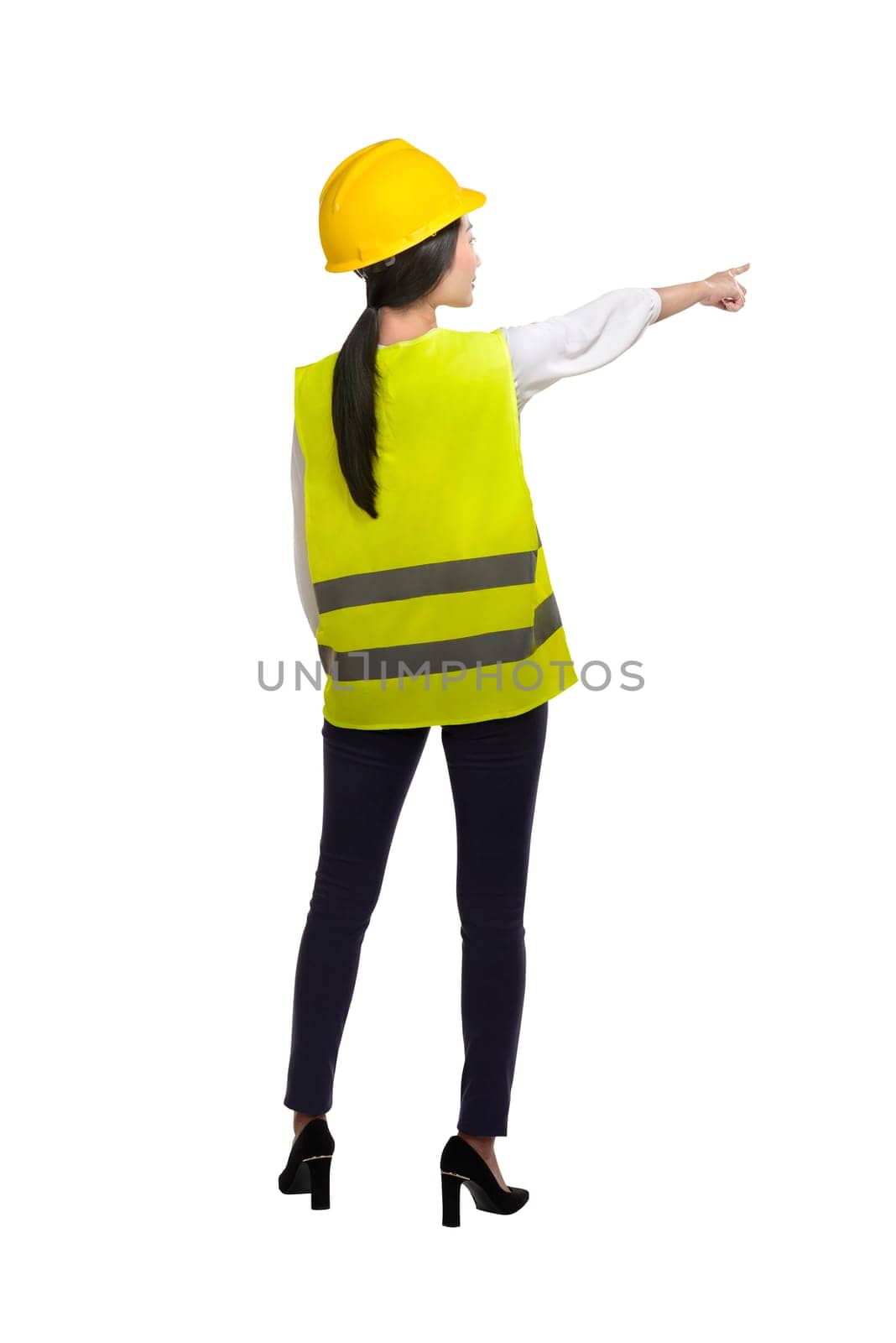 Asian woman wear had hat and safety vest isolated over white background