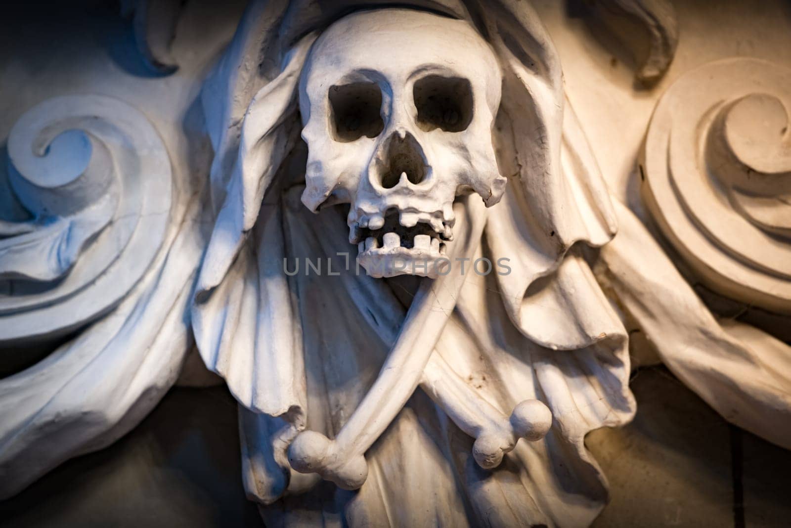 Human skull and bones as decoration of church interior in Sweden, Scandinavia, Europe