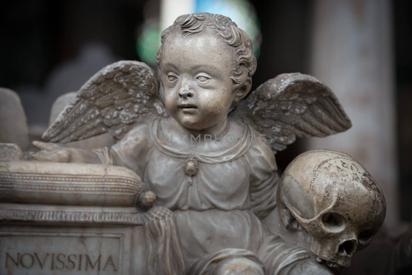 White statue of angel boy in church. Sweden, Scandinavia. Europe travel.