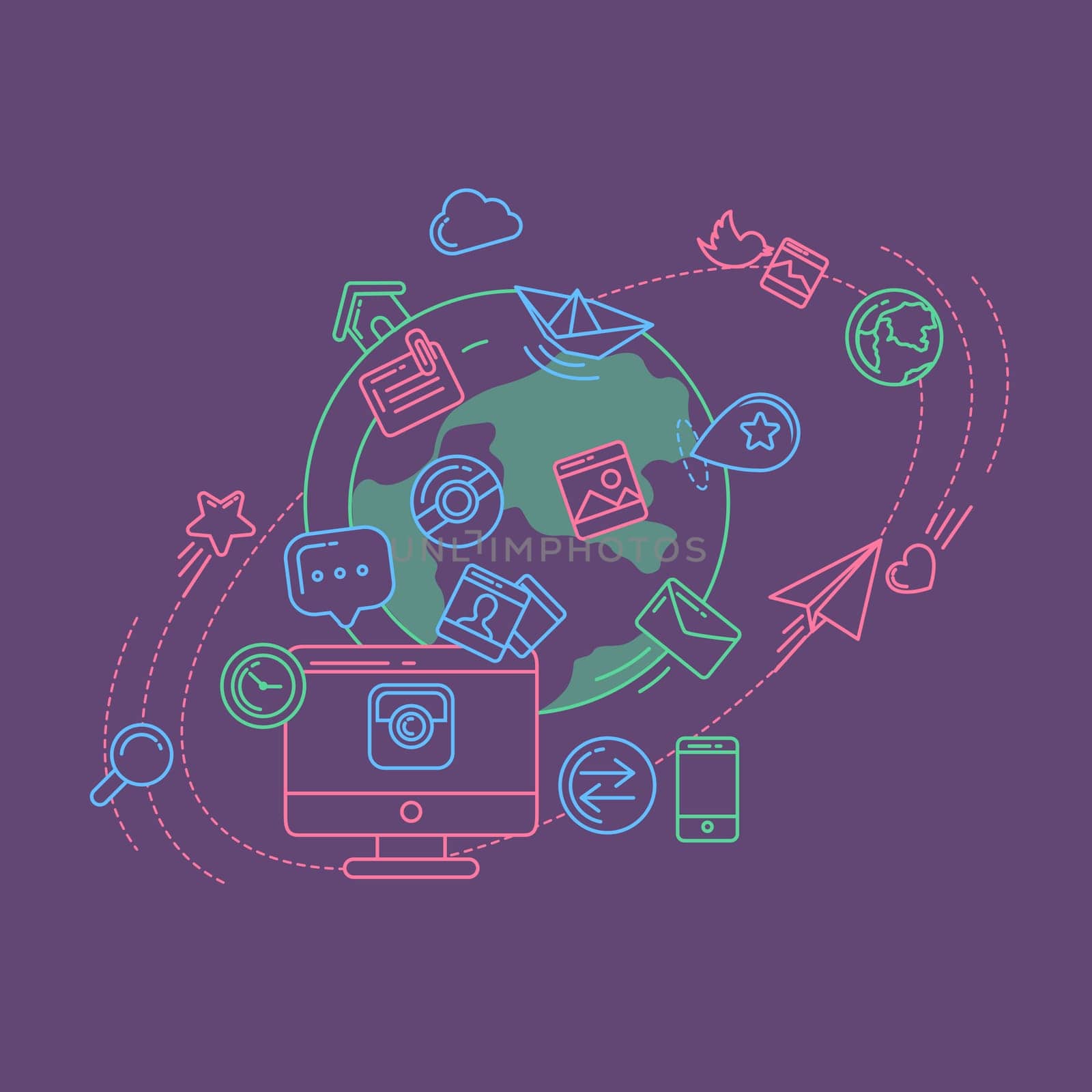 Flat linear infographic elements of social media, social networking, mobile app, sharing, communication, and social commerce.