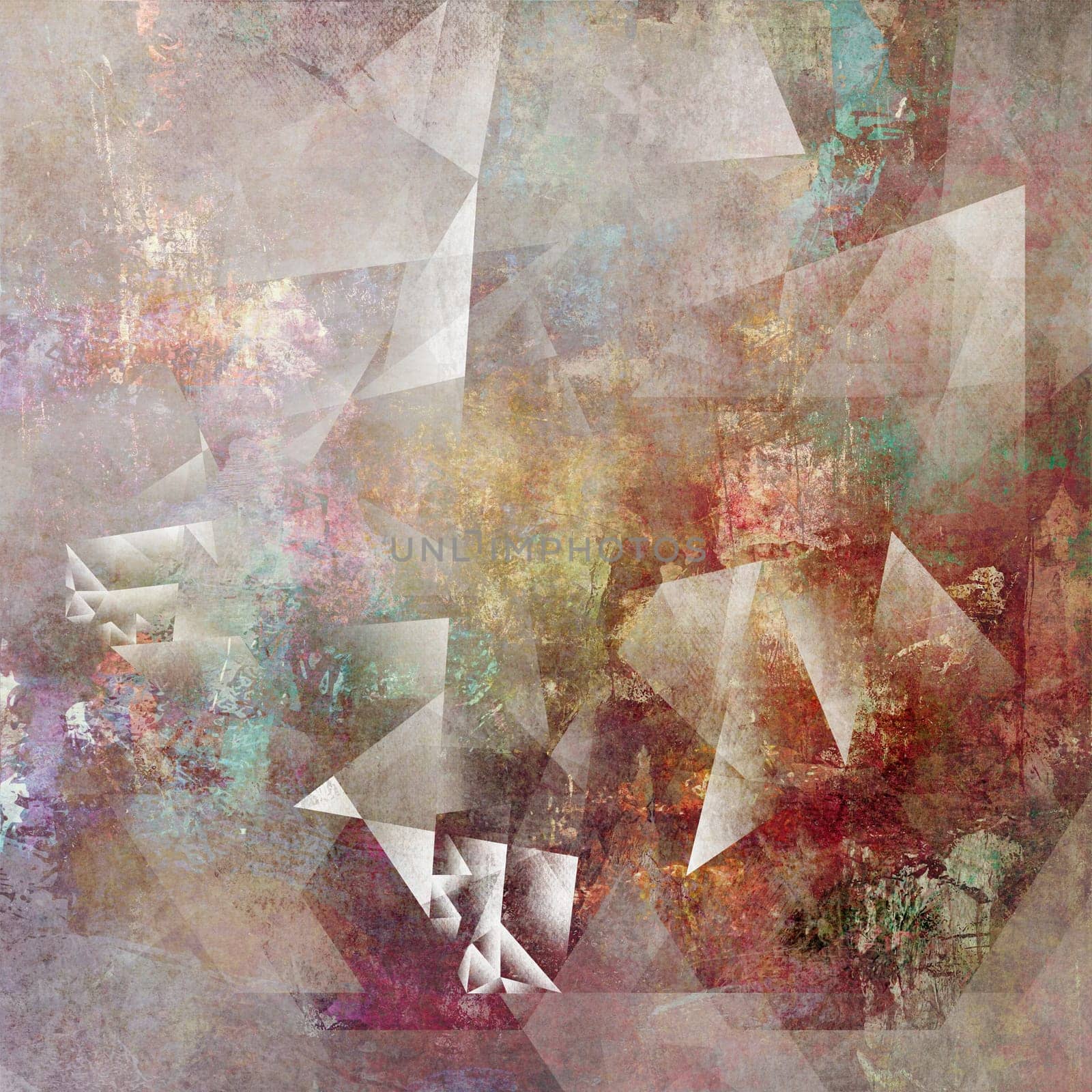 abstract polygonal texture surfaces collaged on analog painted background plane