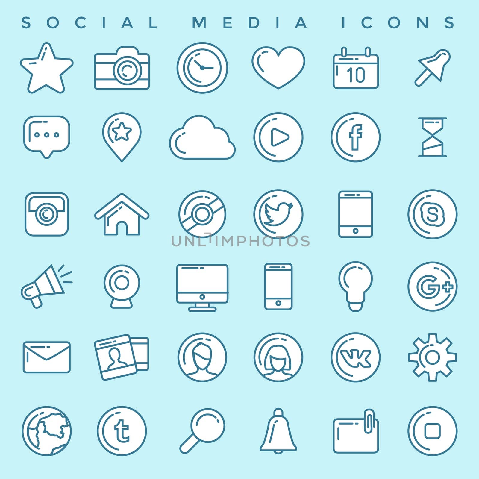 Flat linear infographic elements of social media, social networking, mobile app, sharing, communication, and social commerce.