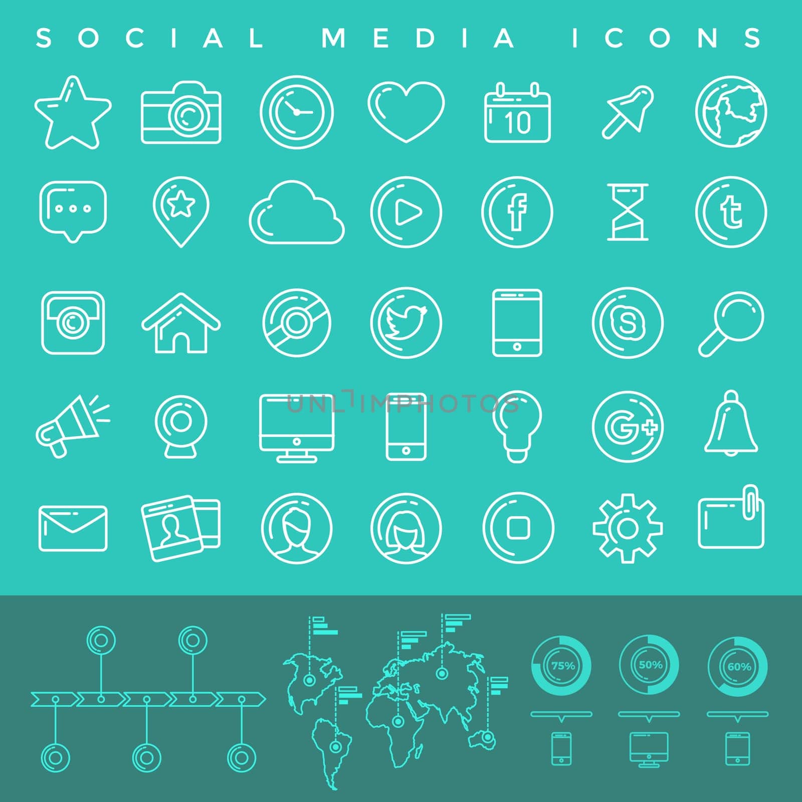 Flat linear infographic elements of social media, social networking, mobile app, sharing, communication, and social commerce.