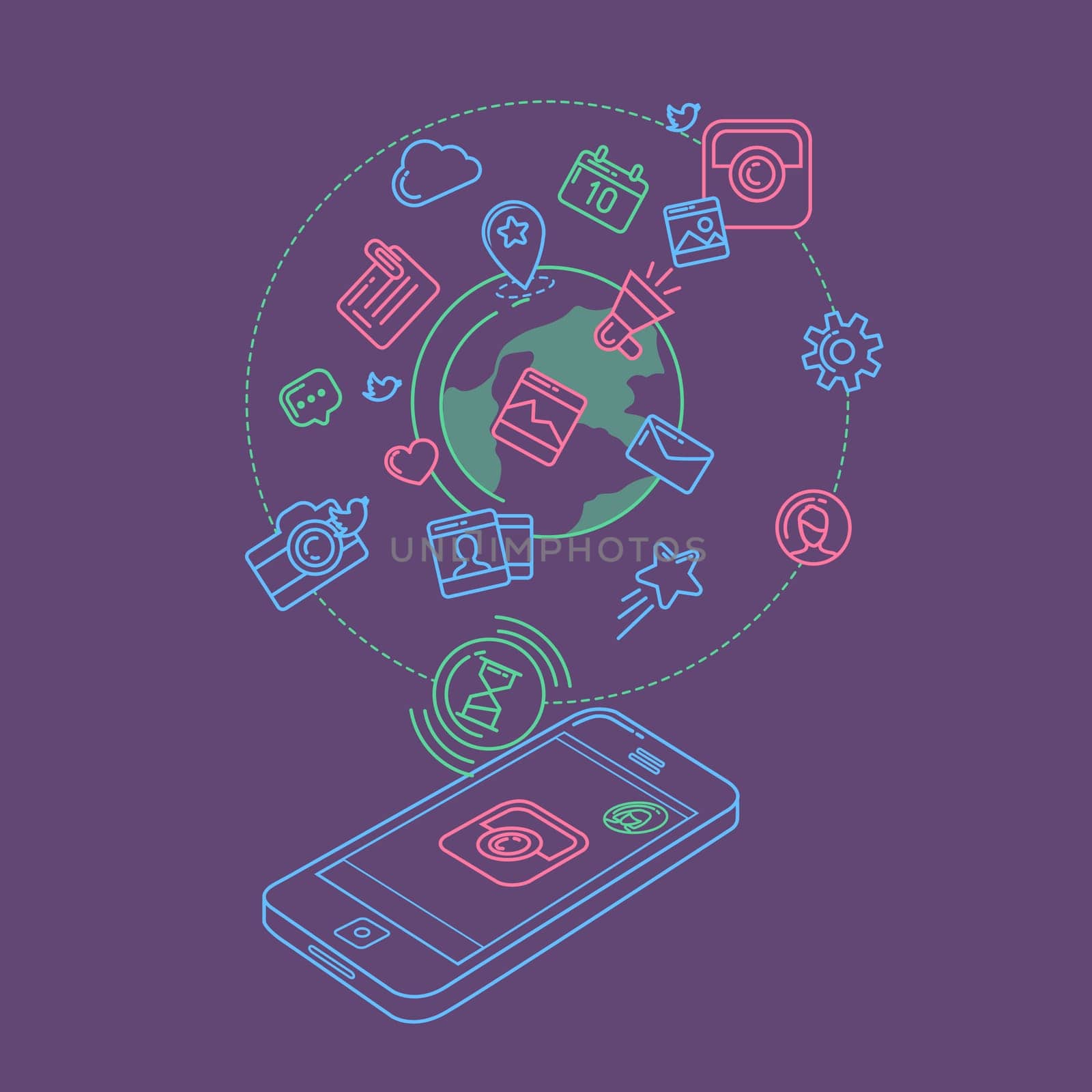 Flat linear infographic elements of social media, social networking, mobile app, sharing, communication, and social commerce.