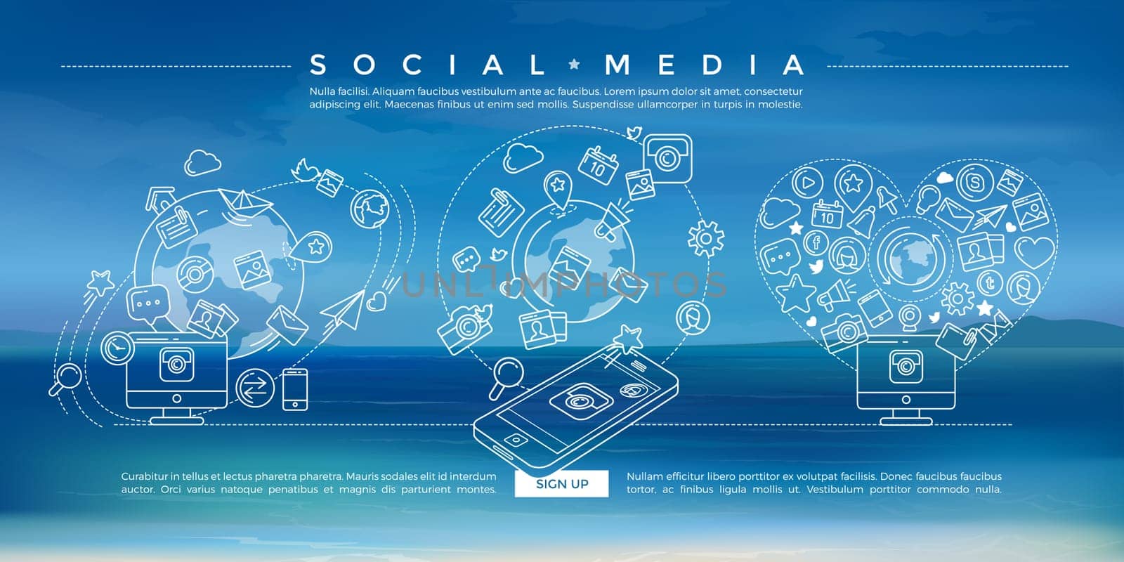 Flat linear infographic elements of social media, social networking, mobile app, sharing, communication, and social commerce.