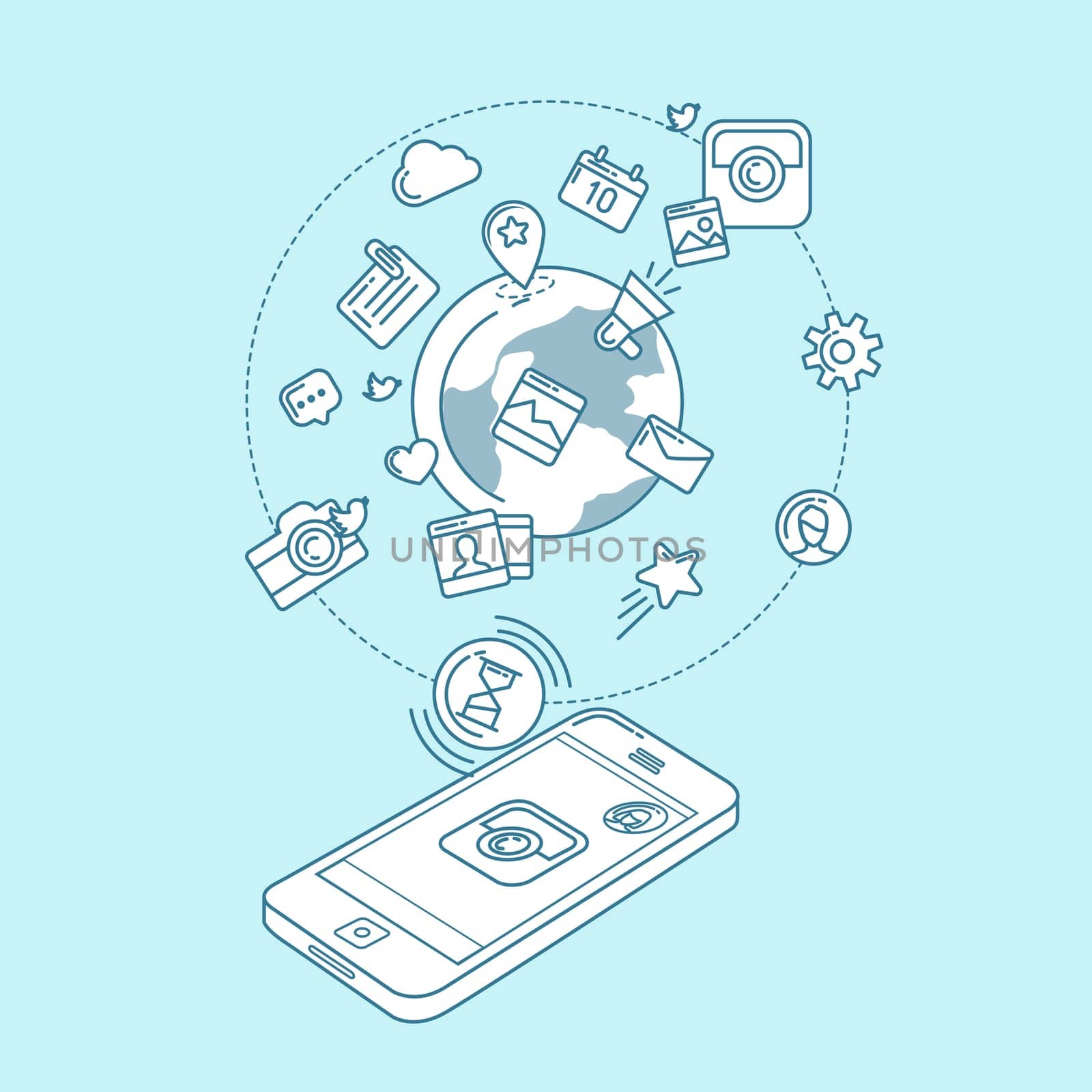 Flat linear infographic elements of social media, social networking, mobile app, sharing, communication, and social commerce.