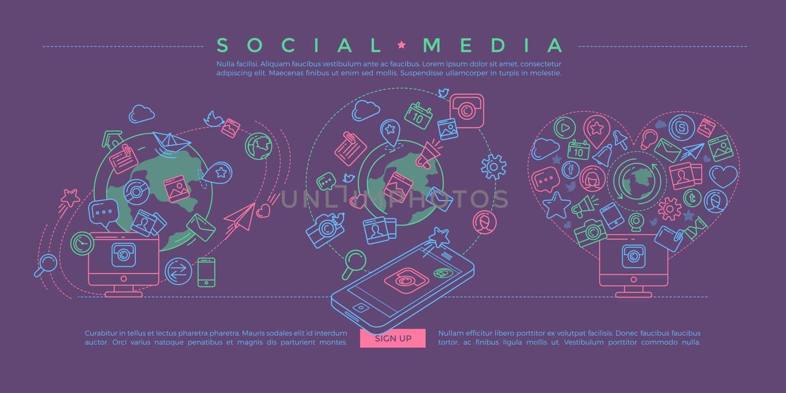 Flat linear infographic elements of social media, social networking, mobile app, sharing, communication, and social commerce.