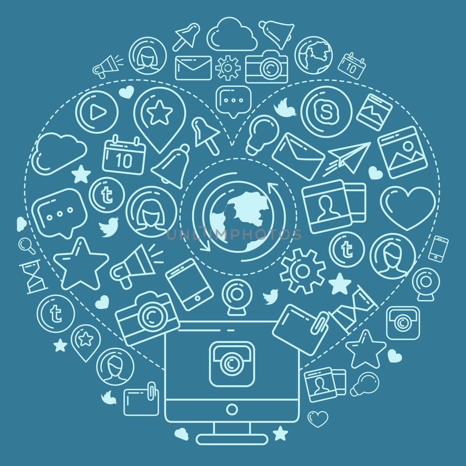 Flat linear infographic elements of social media, social networking, mobile app, sharing, communication, and social commerce.