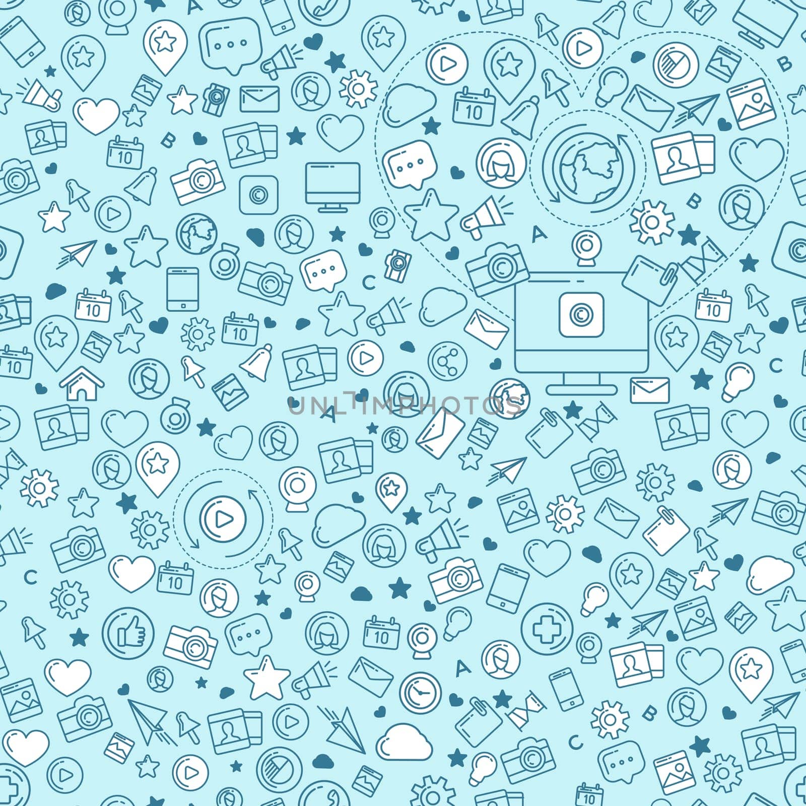 Flat linear infographic elements of social media, social networking, mobile app, sharing, communication, and social commerce.