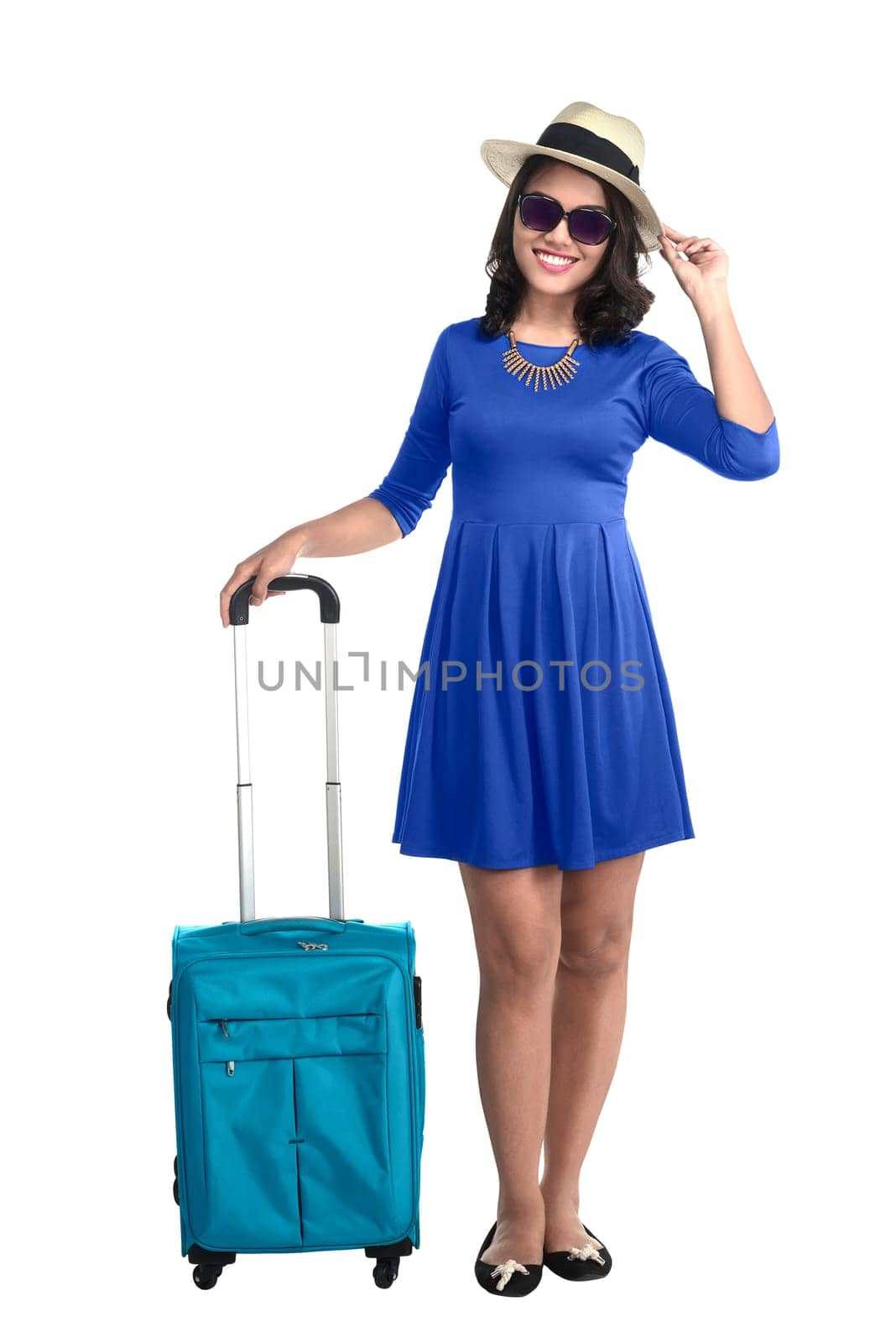 Young asian female tourist isolated over white background