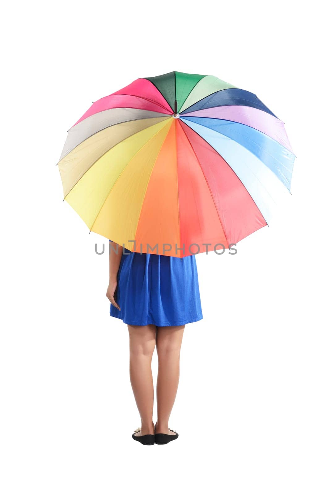 Backview of asian woman holding colorful umbrella isolated over white background
