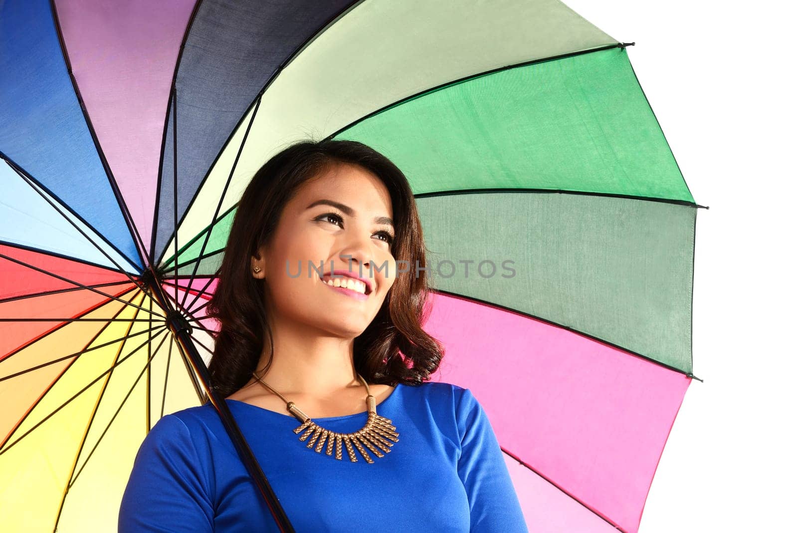 Asian pretty woman holding colorful umbrella smiling. Isolated over white background
