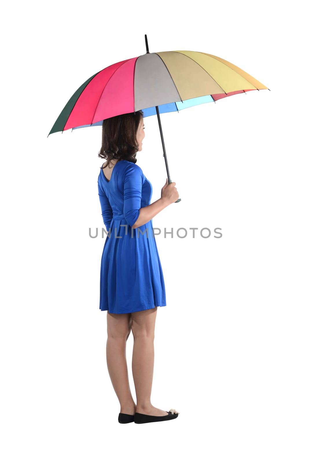 Asian woman holding colorful umbrella isolated over white background
