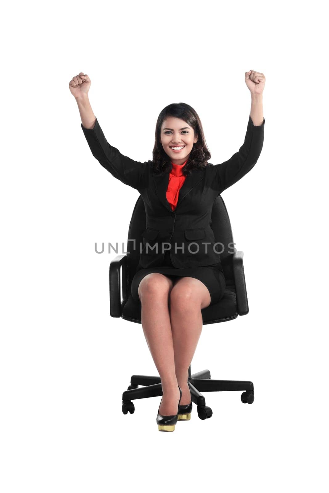 Business woman sitting on the chair raise hand isolated over white background