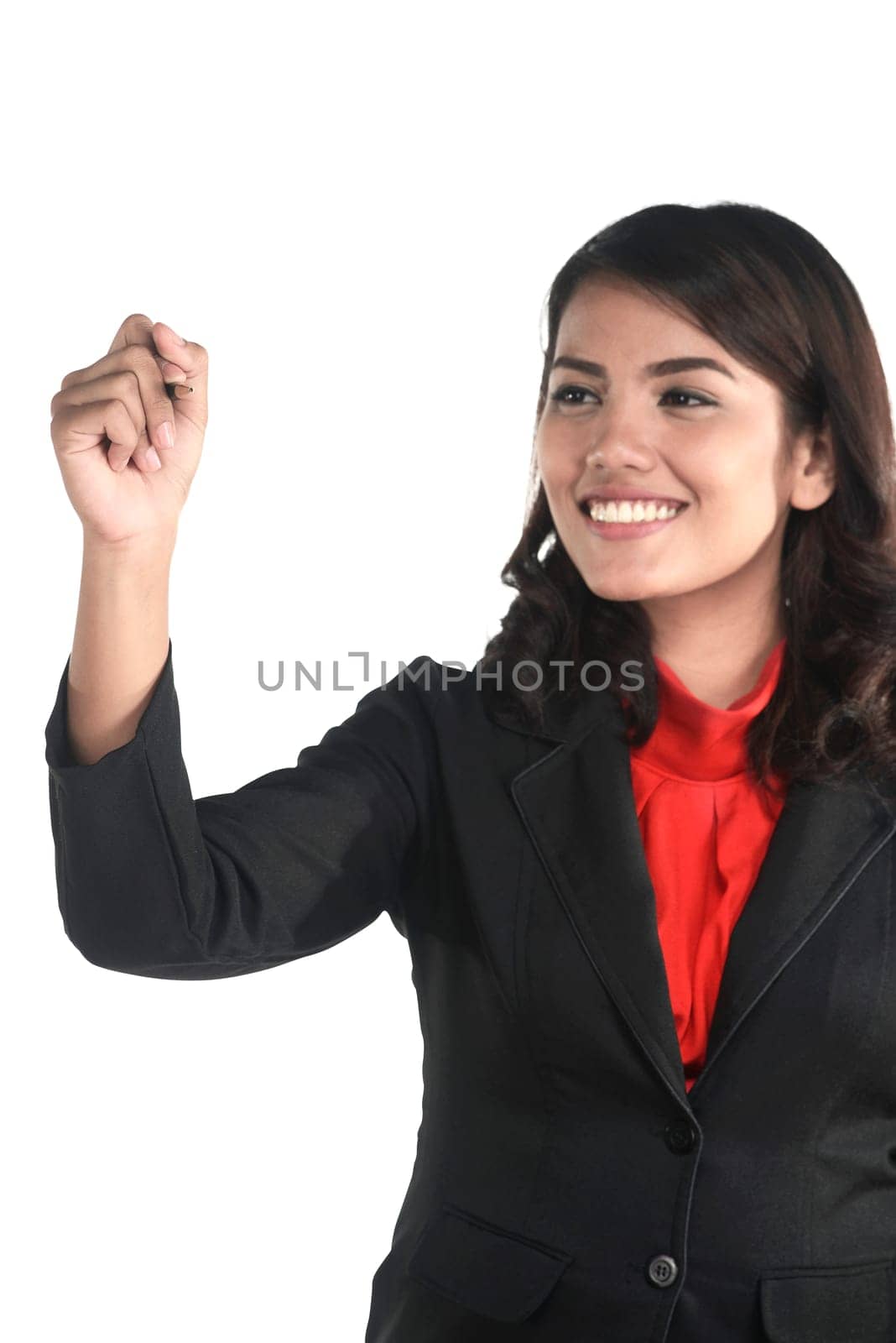 Asian business woman write something isolated over white background